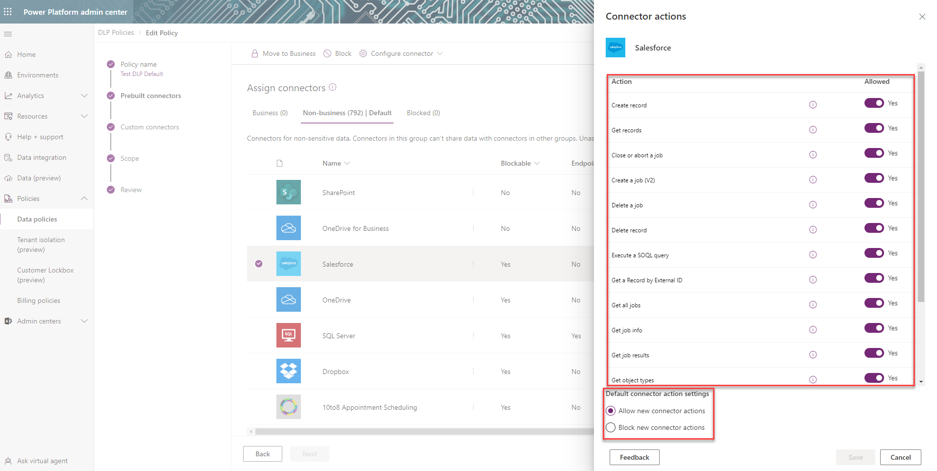 a picture showing the connector actions menu in the Power Platform Admin Center