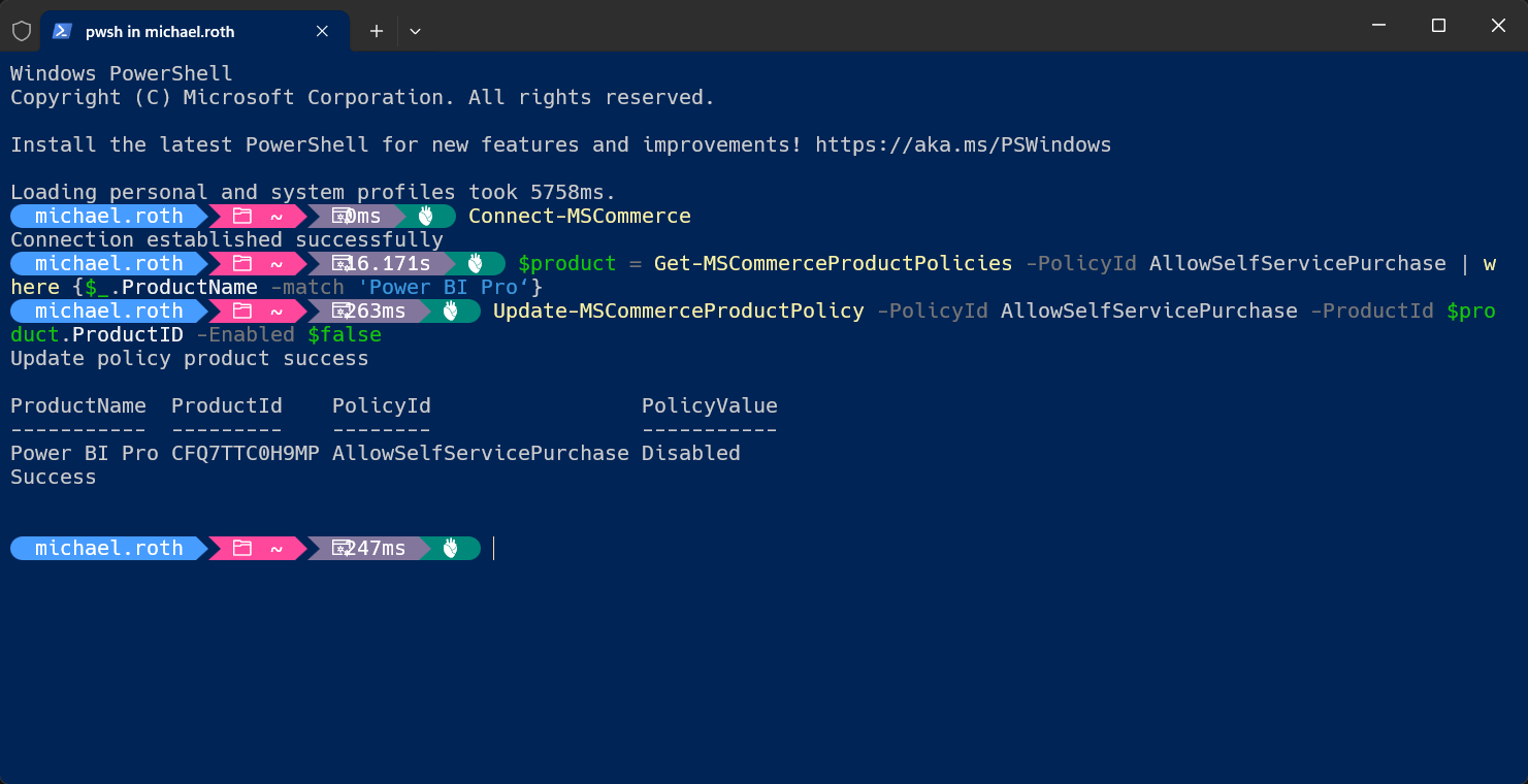 Success message of disabling the self-service purchase of Power BI Pro