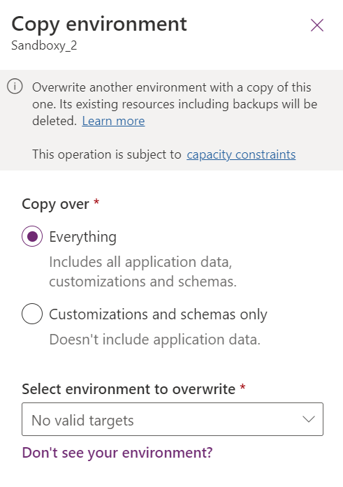 a picture showing the copy menu of environments