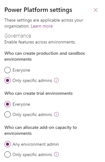 a picture showing the Power Platform settings menu