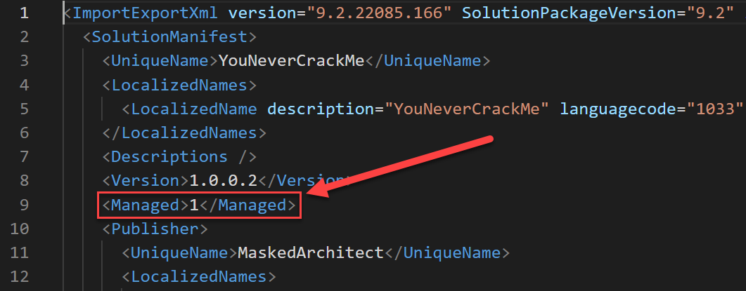 Image showing the content of the solution.xml file within in the zip folder of the managed solution, indicating to the Managed-tag