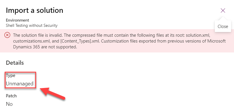 Image showing error message when we try to import our edited solution