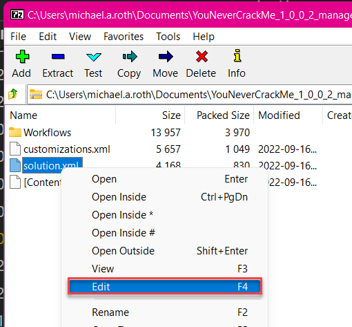 Image how to edit the content of a zip file with 7zip without unpacking it