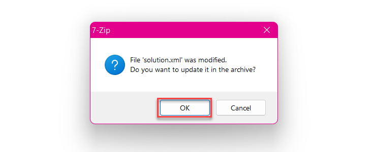 Image showing the message when updating a file within an archive