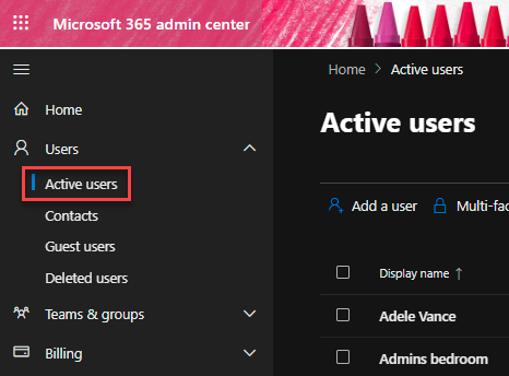 a picture showing the active users menu in the Microsoft 365 Admin Center