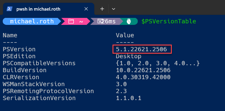 result of the PSVersionTable cmdlet