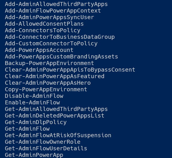 A list of cmdlets from the PowerPlatform module for PowerShell
