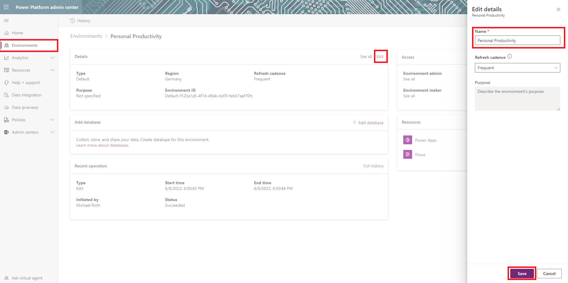 a picture showing the environment menu in the Power Platform Admin Center