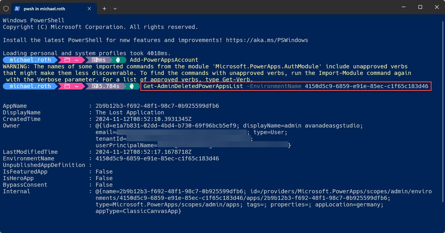 The result of the PowerShell cmdlet