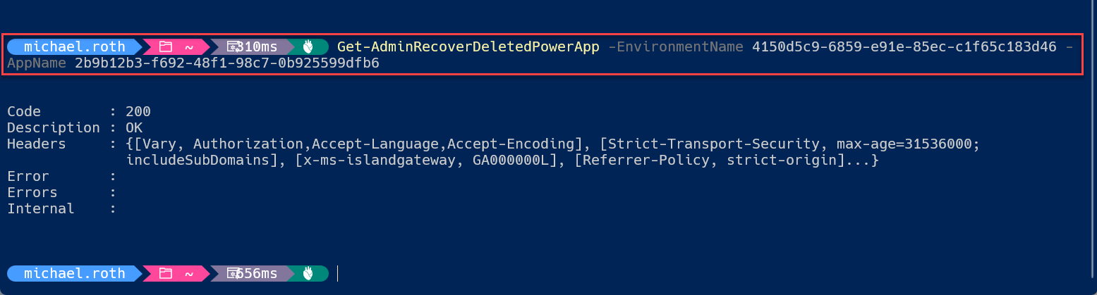 Result of restoring the application