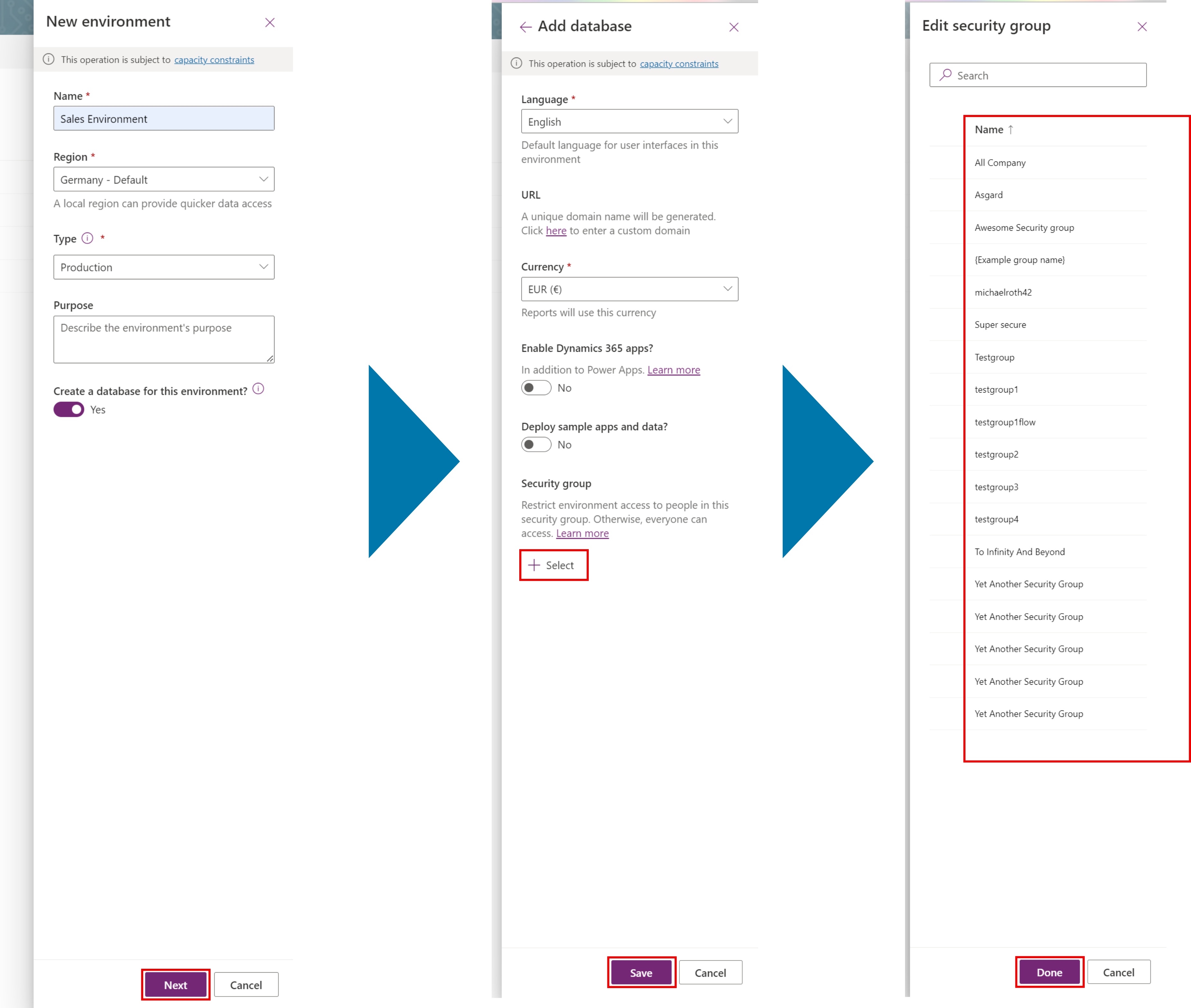 a picture showing how to add a security group to an environment during the creation process