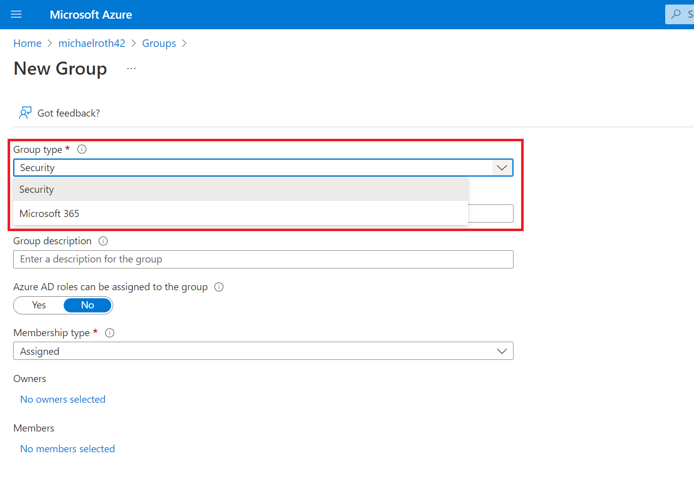a picture the New Group menu in the azure portal