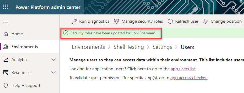 Image that shows that a security role has been assigned to the user Joni Sherman