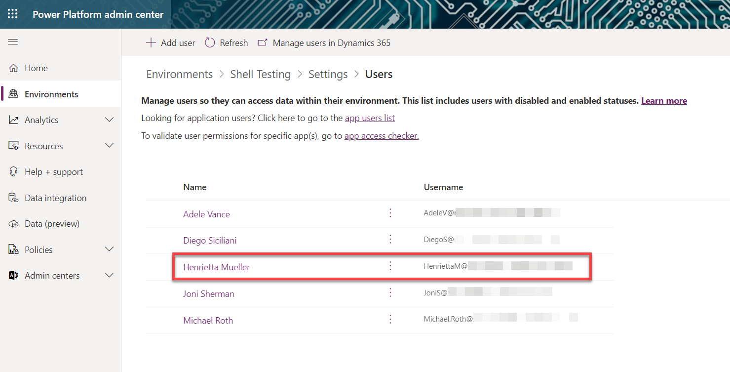 Image that shows a list of all users of the environment. Isaiah Langer is not on that list