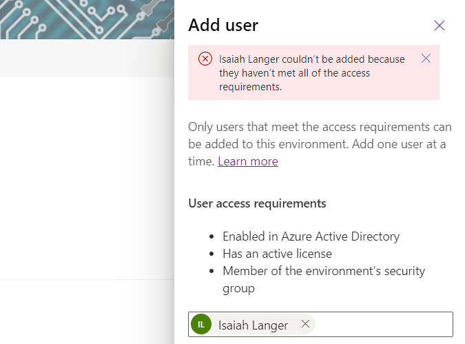 Image that shows an error message we the admin tries to add the user Isaiah Langer to that environment