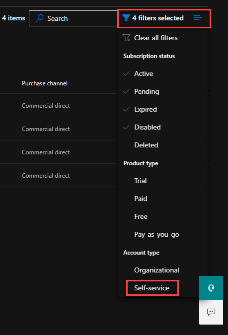 a picture showing the product filer in the Microsoft 365 admin center